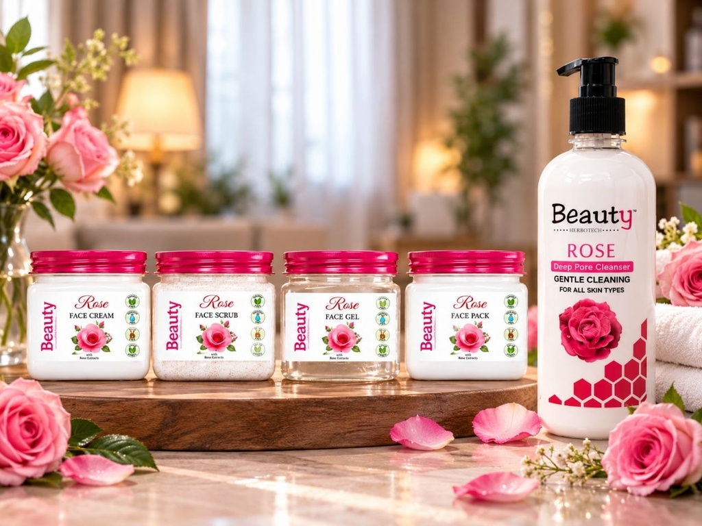 Beauty Herbotechs Rose Facial Kit 380ml*4 Step-Cream, Scrub, Gel & Pack-Skin Brightening 1520 ml (1520 ml) + Rose Cleansing Milk 500ml