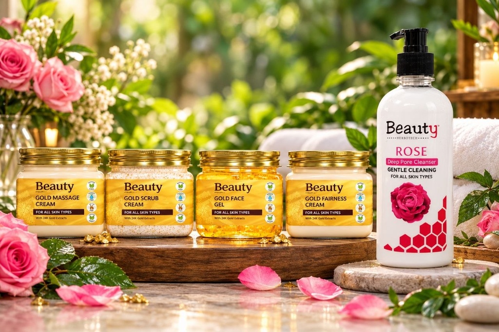 Beauty Herbotechs Gold Facial Kit (380ml*4 Step) Massage Cream, Scrub, Gel & Pack For Brightening 1520 ml (1520 ml) + Rose Cleansing Milk 500ml