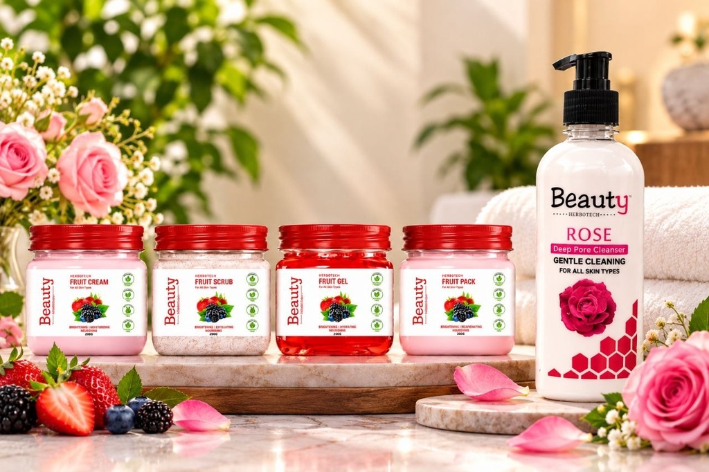 Beauty Herbotechs Fruit Facial Kit (380ml*4 Step) Cream, Scrub, Gel & Pack For Brightening- 1520 ml (1520 ml) + Rose Cleansing Milk 500ml