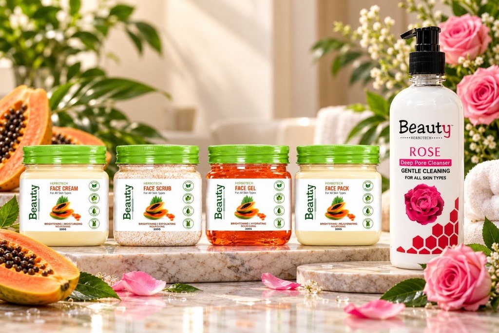 Beauty Herbotechs Papaya Facial Kit (380ml*4 Step) Cream, Scrub, Gel & Pack For Brightening- 1520 ml (1520 ml) + Rose Cleansing Milk 500ml