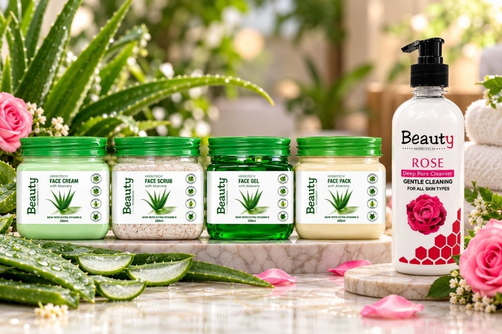 Beauty Herbotechs Aloevera Facial Kit (380ml*4 Step) Cream, Scrub, Gel & Pack For Brightening- 1520 ml (1520 ml) + Rose Cleansing Milk 500ml