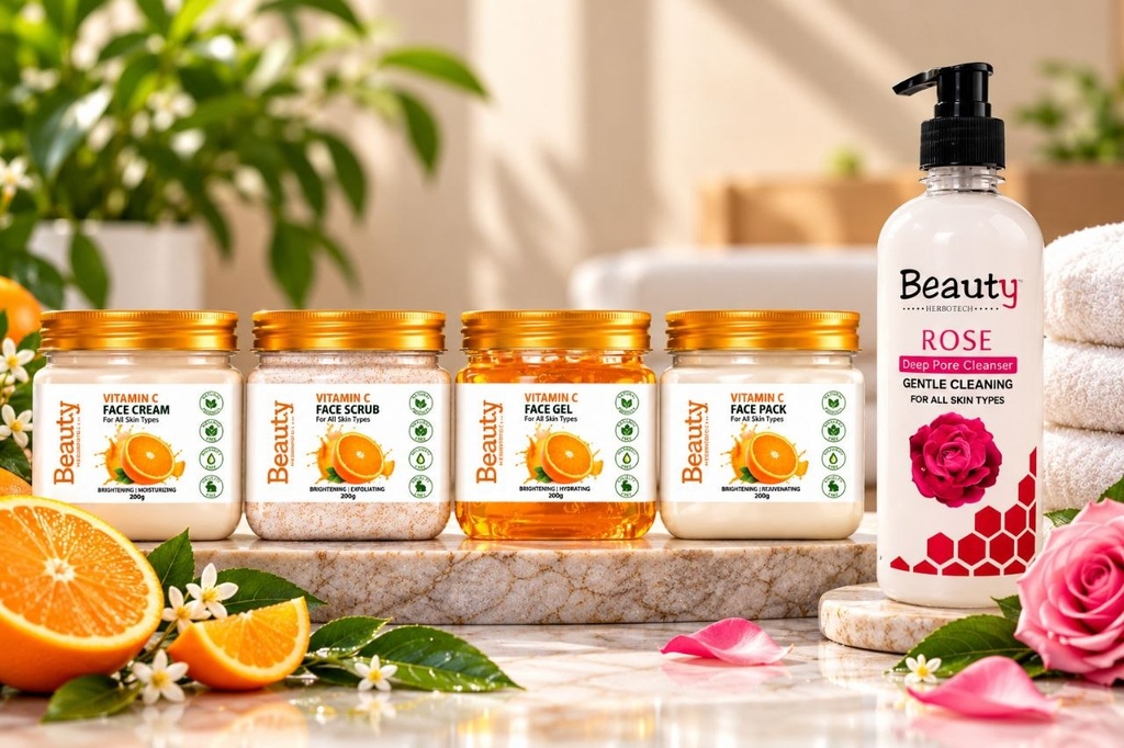 Beauty Herbotechs Vitamin C Facial Kit (380ml*4 Step) Cream, Scrub, Gel & Pack For Brightening- 1520 ml (1520 ml) + Rose Cleansing Milk 500ml