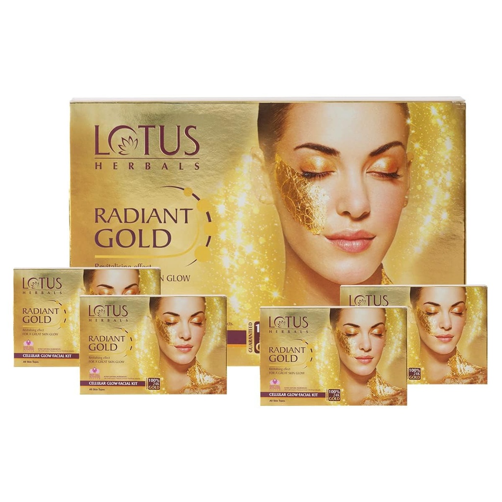 Lotus Herbals Radiant Gold Facial Kit For Instant Glow With 24K Pure Gold & Papaya | 4 Easy Steps | For Bright & Glowing Skin | Facial Kit for Face Cleansing, Exfoliation, Massage & Skin Care | For All Skin Types | 148g (4 Use)