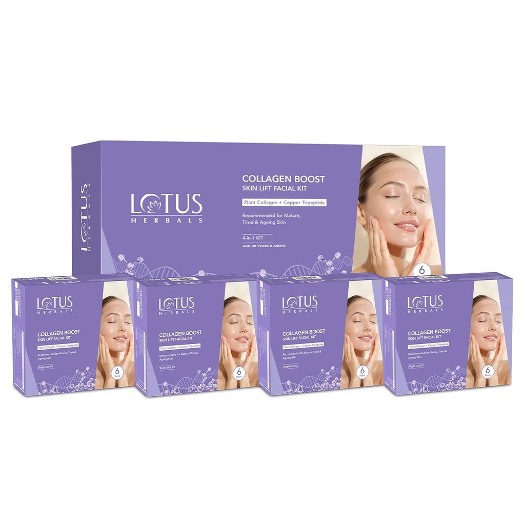Lotus Herbals Collagen Boost Skin Lift 4 -In-1 Facial Kit With Plant Collagen | 6 - Step Single - Use Anti-Ageing Facial Kit For All Skin Types | Helps Reduce Fine Lines | Salon-Like Facial at Home | 284g (71g X 4)