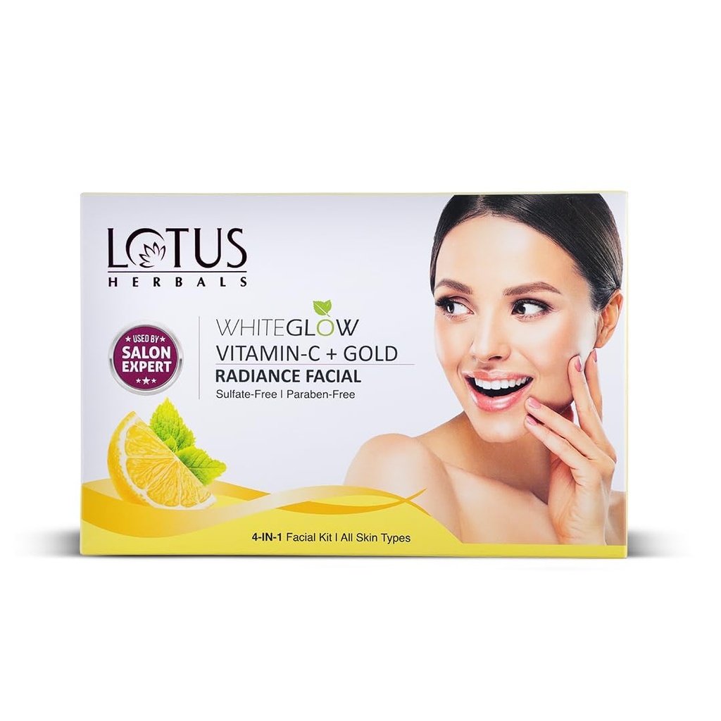 Lotus Herbals WhiteGlow Vitamin C + Gold Radiance 4 in 1 Facial Kit | Helps Reduce Dark Spots | Paraben Free | All Skin Types | For Women and Men | 228g
