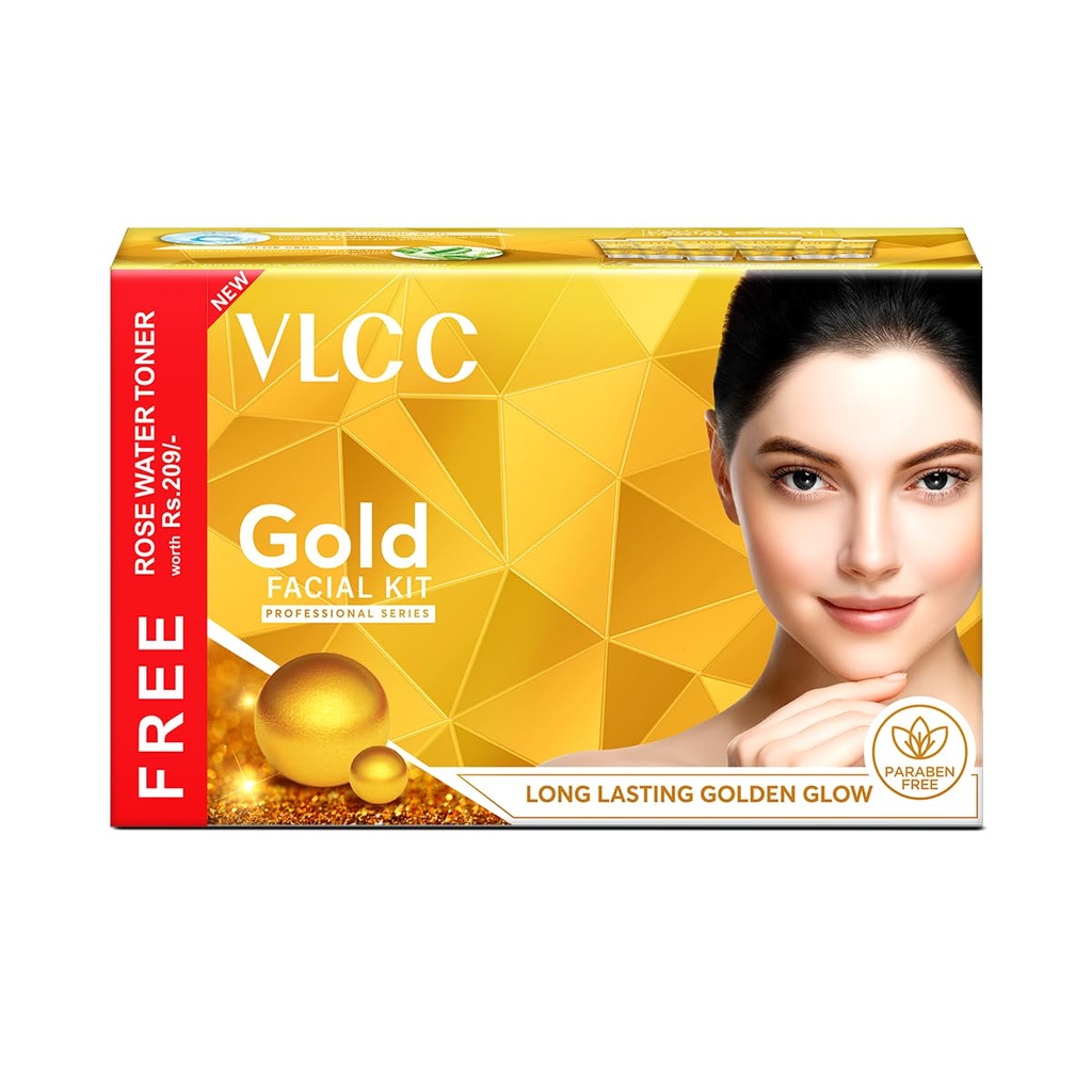 VLCC Gold Facial Kit + Free Rose Water Toner Cream with Rose Water, Pack of 1 (300gm + 100ml)