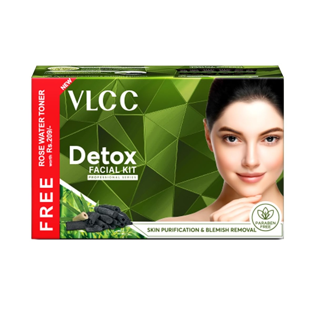 VLCC Detox Facial Kit with FREE Rose Water Toner - 300g + 100ml - Anti-Blemish skin Purifying At Home Facial Kit. Anti-Acne Facial with Activated Bamboo Charcoal