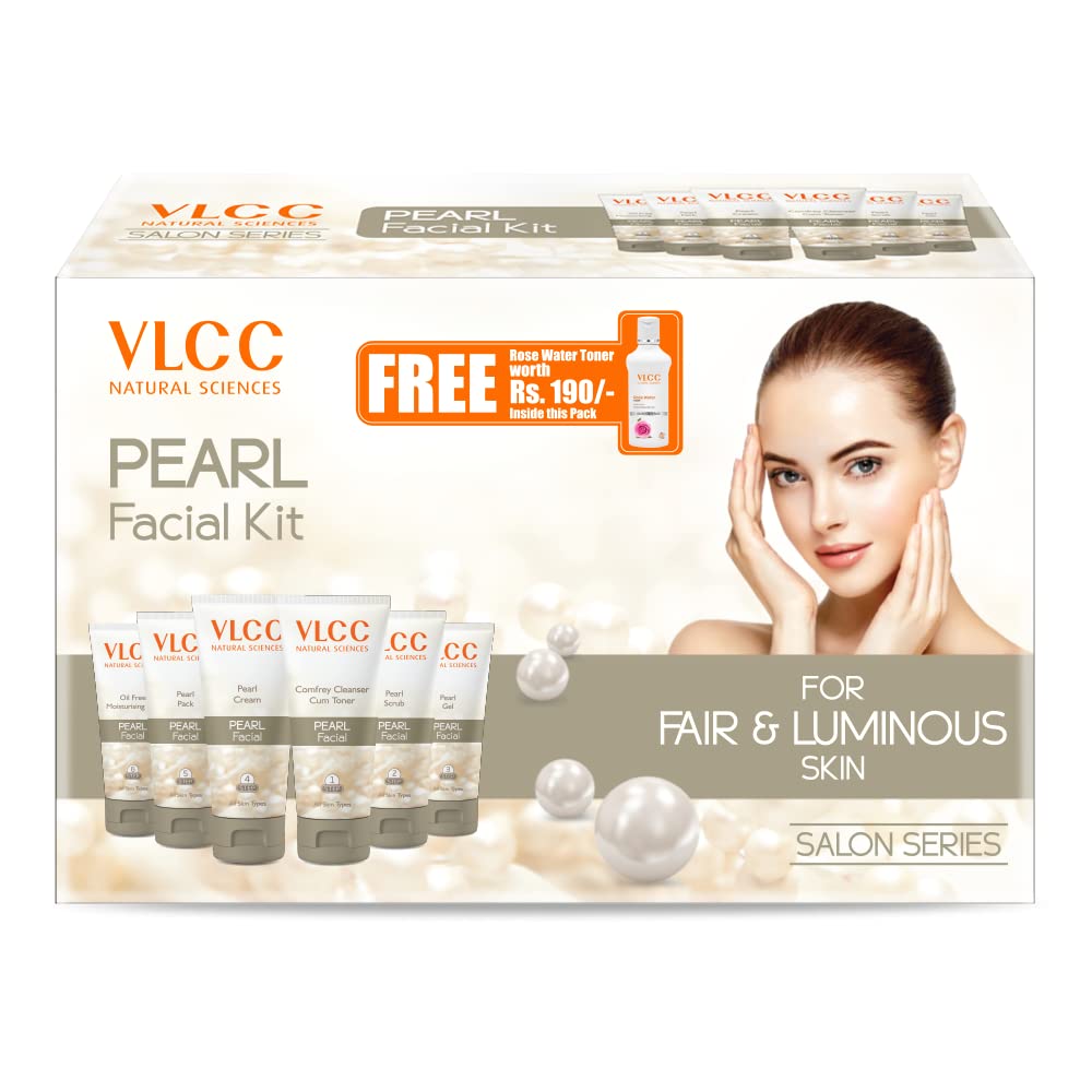 VLCC Pearl Facial Kit + Free Rose Water Toner Liquid with calcium, magnesium, zinc, strontium, selenium, and 20-22 amino acids, Pack of 1 (300gm + 100ml)