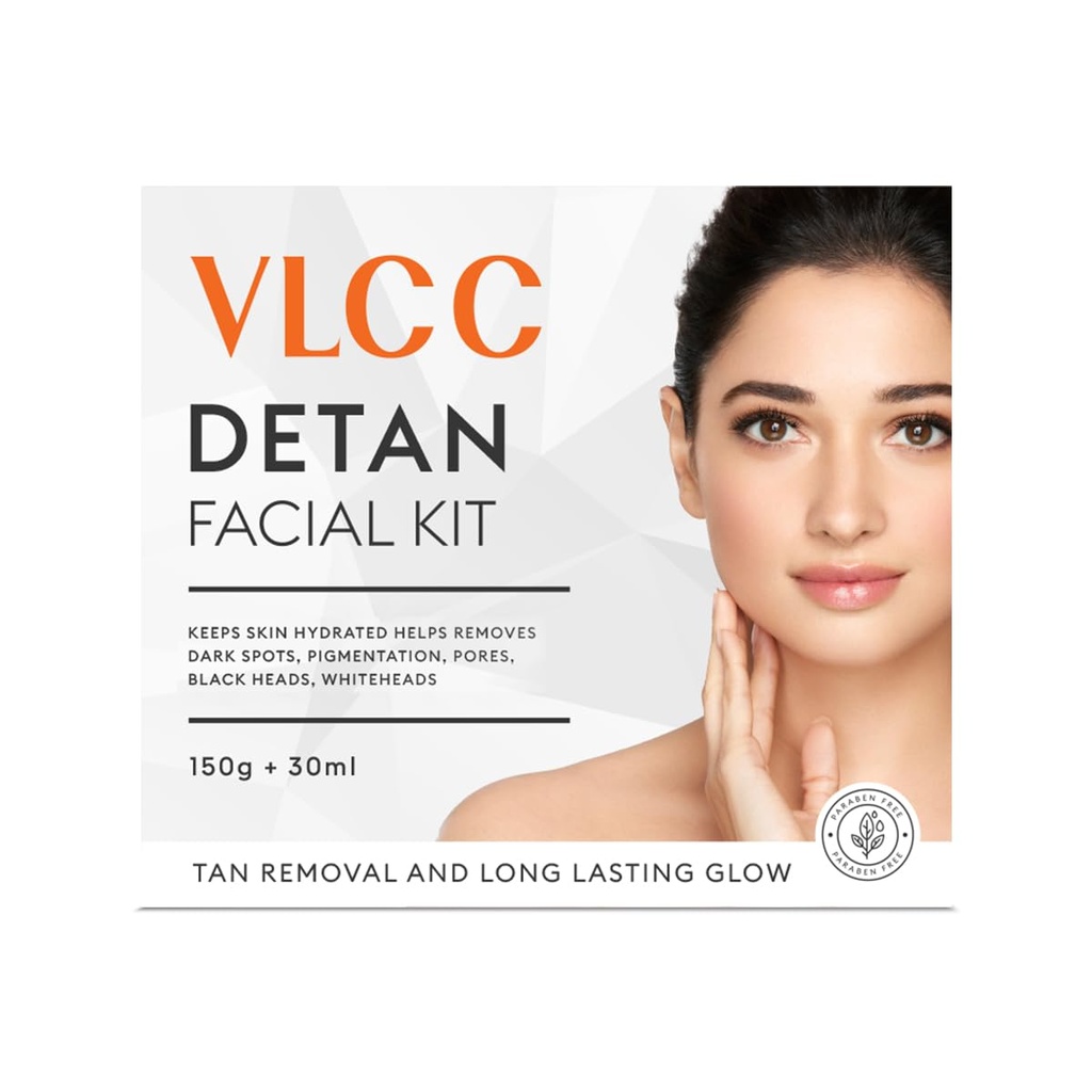 VLCC De-Tan Facial Kit - 180g (150g+30ml) | For Tan Removal | Hydrates, Helps Removes Dark Spots, Pigmentation, Pores, Blackheads & Whiteheads | With SPF 15+ Moisturizer